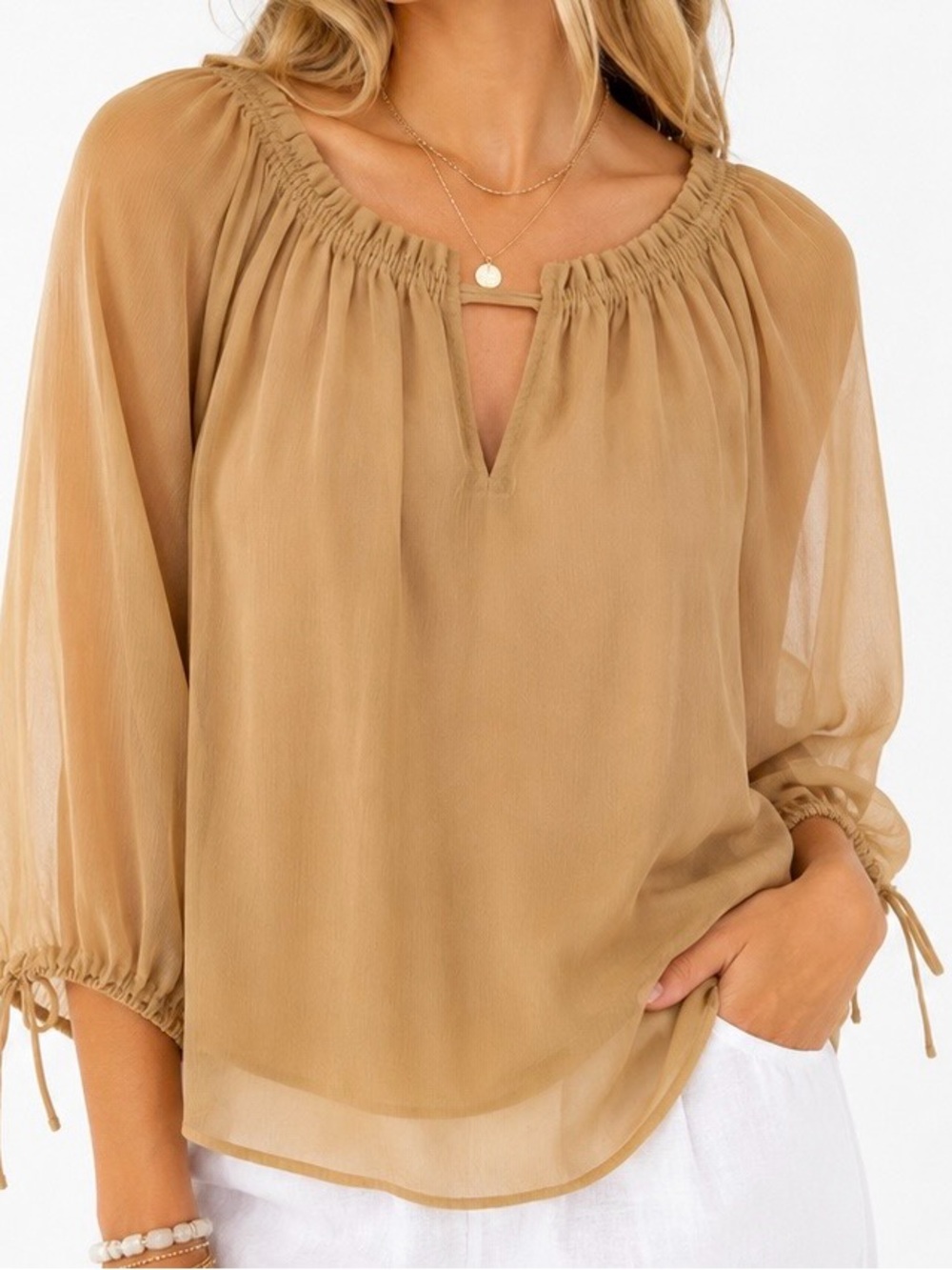 LOFT Sheer Chiffon Peasant Blouse Tan Beige Boho Split Neck Tie Sleeve Size L